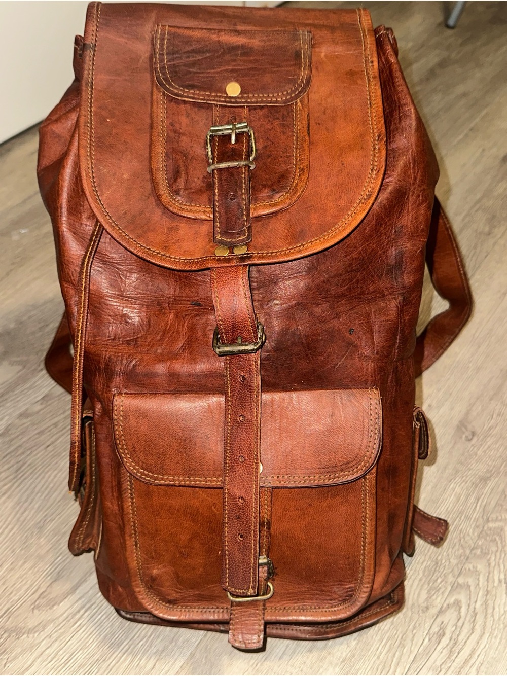 Vintage Distressed Leather Outdoor Hiking Backpack Rucksack Bag Unisex